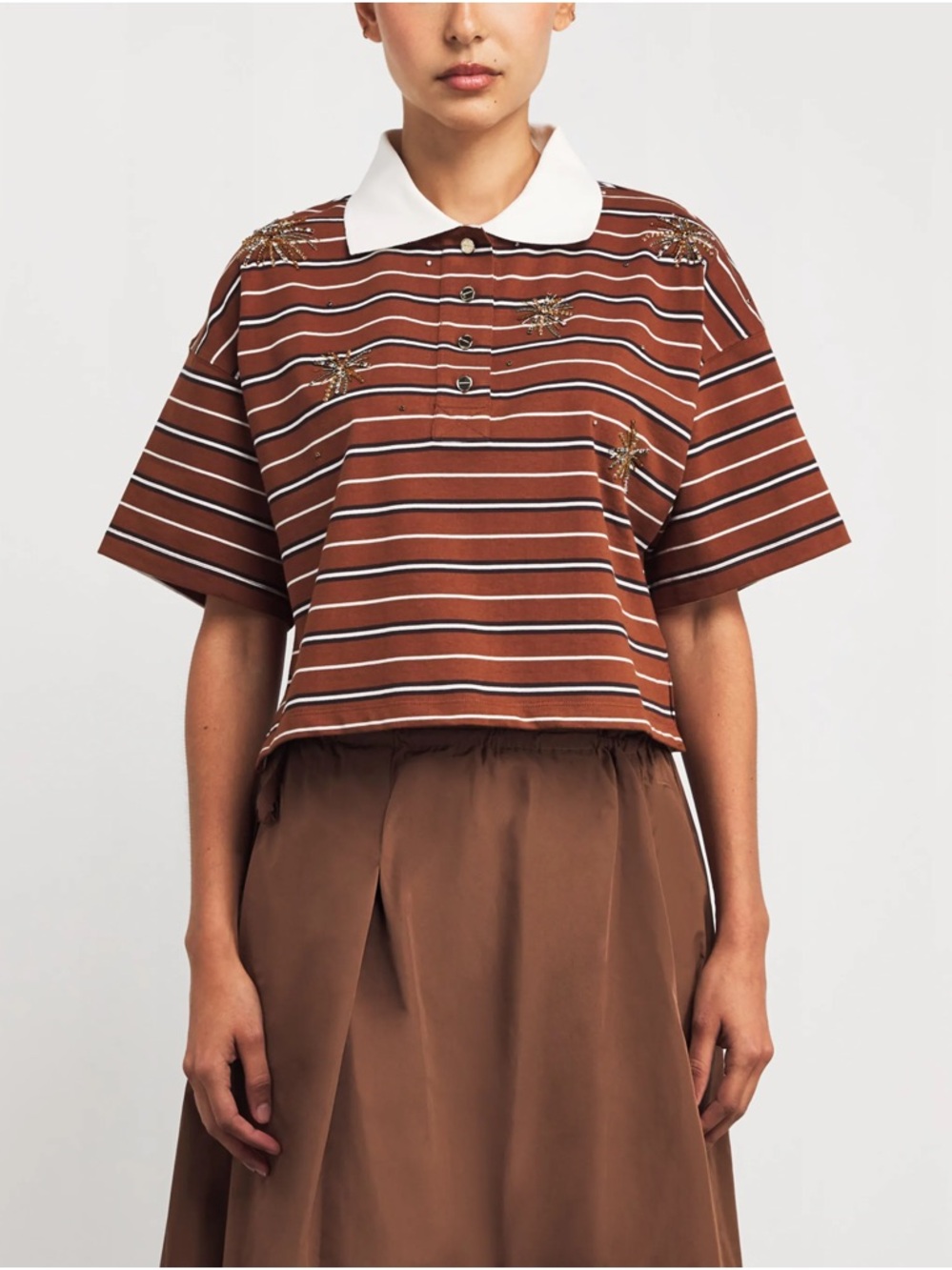 NWT Sandro Paris Brown Striped Rhinestone Polo Crop Top with White Collar—M/6